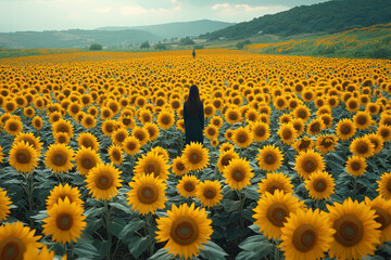 Fototapeta premium A person standing in a field of sunflowers, surrounded by bright, cheerful colors. Concept of nature's positivity and growth.