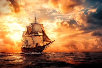 Obraz premium Vintage Sailing Ship at Sunset, Dramatic Ocean Landscape