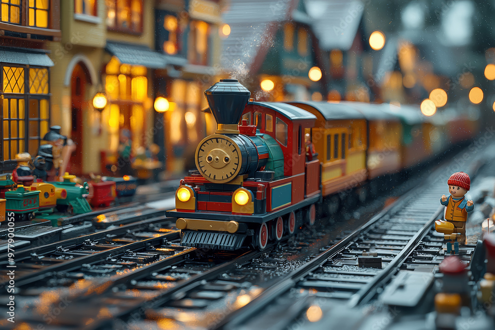Poster a person playing with a toy train set, fully engrossed in the activity. concept of revisiting childh
