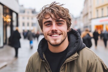 Fototapeta premium Young man in a casual urban street setting symbolizing positivity youth and a relaxed attitude in a modern city environment with natural lighting