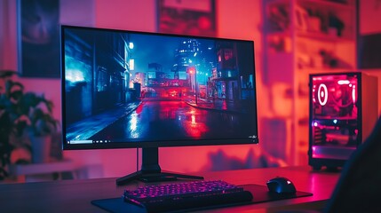 Fototapeta premium A high-resolution gaming monitor on a desk with a vibrant game scene