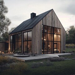 a small wooden house with a black roof