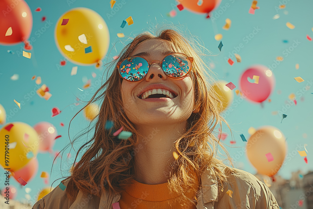 Poster a person blowing up balloons and then letting them go, laughing as they fly away. concept of playful