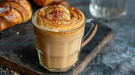 Ice coffee in a tall glass with cream poured over, Caramel macchiato with layers of espresso, milk, foam, and a generous caramel drizzle, , menu cafe restaurant cards