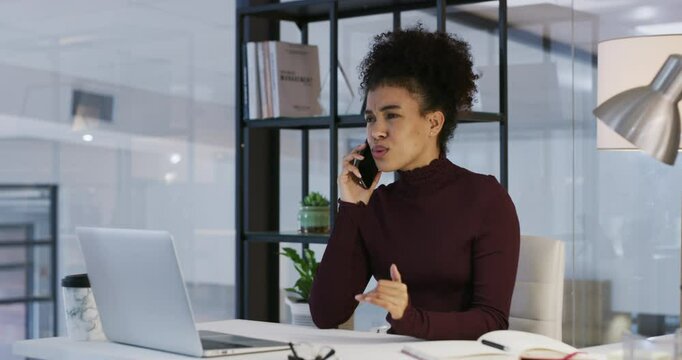 Woman, computer and phonecall in office, company and working with difficult client. Upset, internet and unhappy with job, employee and frustrated with technology, customer service and consulting