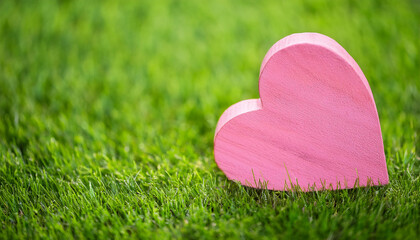 Pink wooden heart shape on fresh green grass. Eco-friendly lifestyle and clean environment.