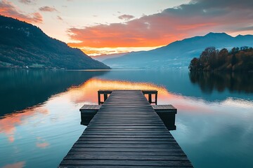 Wooden pier on a calm lake at sunset with mountains in the background.