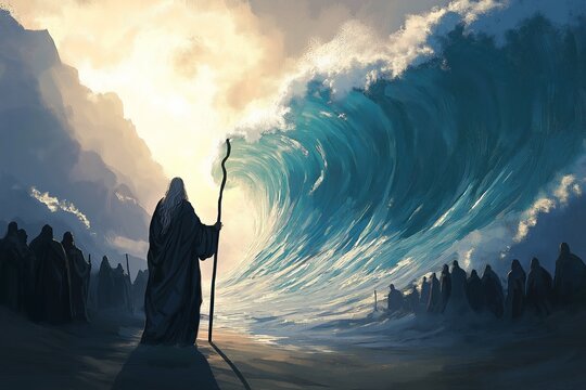 Moses parting Red Sea, biblical scene, Old Testament, epic moment, divine power, miracle, Israelite exodus, ocean wave, salvation, dramatic sunset concept