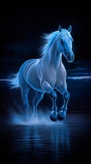 Naklejka premium Ethereal Equine Mystical Blue Stallion Galloping Through Shimmering Waters