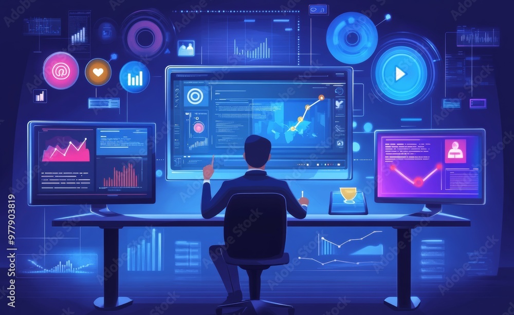 Poster a man sitting at a desk with a computer and a monitor
