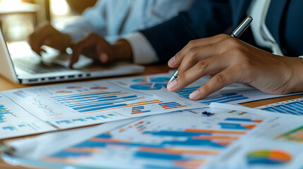 Fototapeta premium a close-up of a work desk. A person is typing on a laptop, and there are some documents with pie charts and bar graphs on the desk