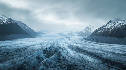 A vast glacier stretching across a mountain range with deep crevasses glowing in the soft light of an overcast day.