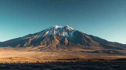 Fototapeta premium A towering volcanic mountain with a snow-capped peak standing isolated in the vast desert plain below.