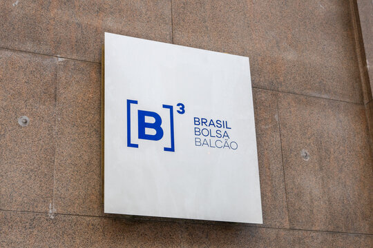 Logo of the Brazilian stock exchange b3 on the facade of the headquarters