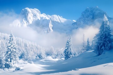 Obraz premium Snowy mountain landscape with pine trees and fog in winter. Perfect for a winter wonderland background
