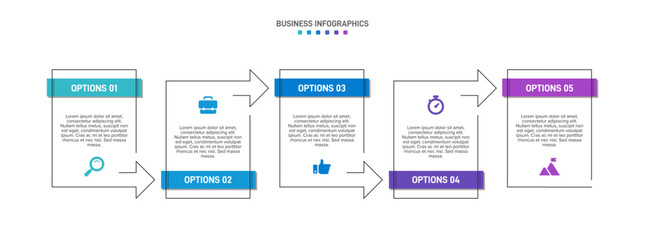 Horizontal progress bar featuring 5 arrow-shaped elements, symbolizing the five stages of business strategy and progression. Clean timeline infographic design template. Vector for presentation