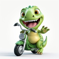 a cartoon dinosaur riding a motorcycle with a big smile