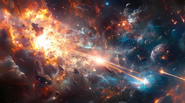 Epic space battle between starships, with laser beams, explosions, and futuristic weaponry lighting up the cosmic void. Space Battle. Illustration