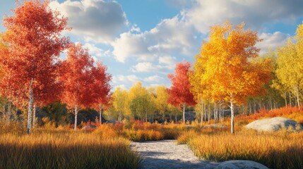 Fototapeta premium a path through a field with trees and rocks