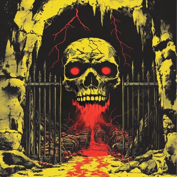 a poster of a skull with red eyes