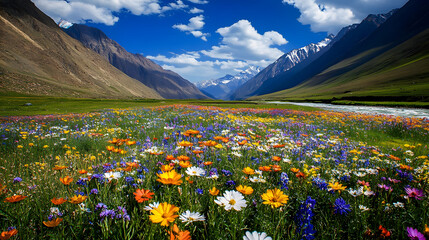 Fototapeta premium A wide valley flanked by towering mountains with a river flowing through fields of wildflowers under a bright blue sky.