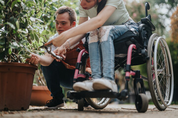 A man with Down syndrome and a woman in a wheelchair are joyfully gardening together, highlighting...