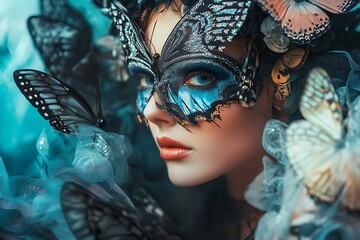 Mystical woman wearing butterfly mask with blue and black butterflies around her