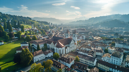 Obraz premium Aerial drone image of the well-known Saint Gallen medieval old town in Switzerland, with the Abbey of Saint Gall, which is now a cathedral.