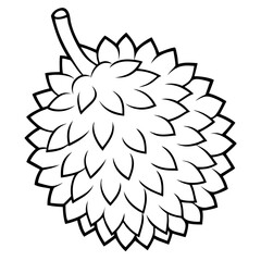 A drawing of a durian fruit with a stem. The drawing is in black and white