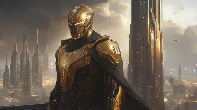 Futuristic alien warrior in golden armor standing in front of a sci-fi city. Galactic Empire. Illustration