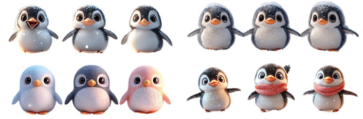Fototapeta premium Cute animated penguins in various poses, showcasing their playful and cheerful expressions. These adorable characters are perfect for winter themed projects or childrens content. 