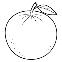 A large orange with a leaf on top. The orange is the main focus of the image. The image is in black and white