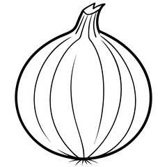 A white onion is drawn in black. The onion is round and has a stem. The onion is the main focus of the image