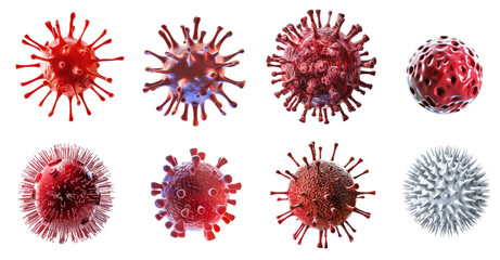 Various types of virus illustrations in red and white colors isolated on transparent background