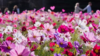 Obraz premium Soft And select Focus,A colorful field of Cosmos Flower is planted for visitors to visit the Cosmos Flower in the winter and the Cosmos Field. Flower is also the meeting of couples on Valentine's Day.