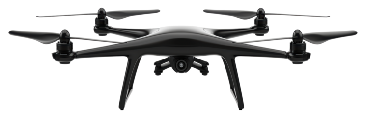 Black quadcopter drone equipped for aerial photography and videography isolated on transparent background