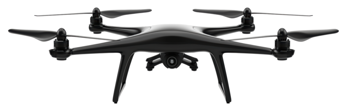 Black quadcopter drone equipped for aerial photography and videography isolated on transparent background