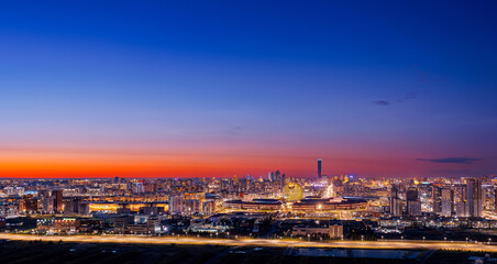 Panorama city Astana, Kazakhstan Nur-Sultan sunset light, aerial top view