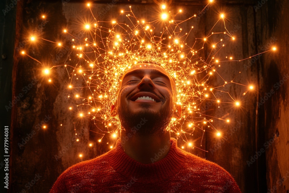 Poster man standing with glowing neural crown symbolizing enlightenment cognitive enhancement and futuristi