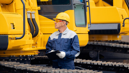 Industry professional driver in hard hat checks condition of excavator before working open coal mining. © Parilov