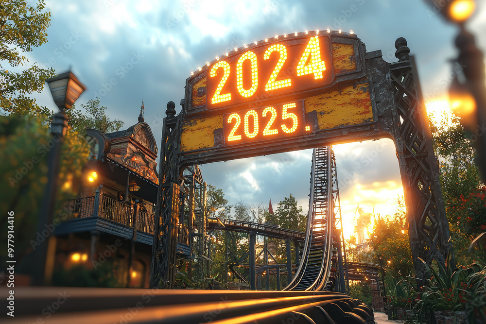 Canvas Prints a roller coaster ride where the track dips under a banner reading 