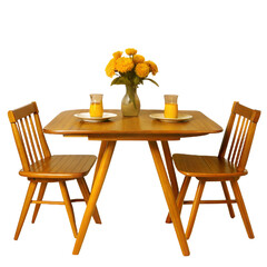 A Wooden Dining Table with Two Chairs and Two Glasses of Orange Juice, Isolated on Transparent Background, PNG