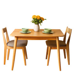 A Wooden Dining Table with Two Chairs and Two Cups of Coffee, Isolated on Transparent Background, PNG