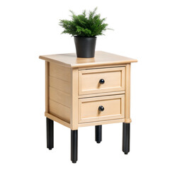 A Wooden Nightstand with a Green Plant, Isolated on Transparent Background, PNG