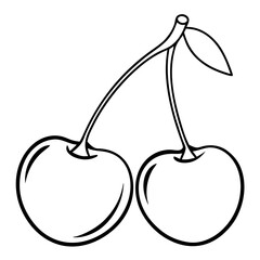 Two cherries are shown in a black and white drawing. The cherries are shown with their stems and leaves still attached