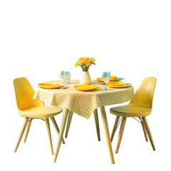 A Yellow Mid-Century Dining Table with Two Yellow Chairs, Isolated on Transparent Background, PNG