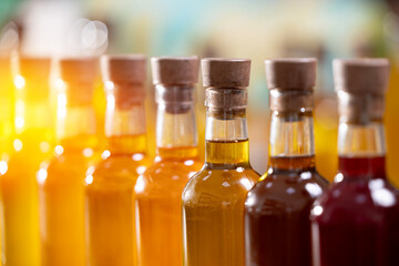 Set craft bottle with oil sunflower, black cumin, cannabis, flax, cedar, castor, apricot, sesame, milk thistle, camelina, pumpkin seeds
