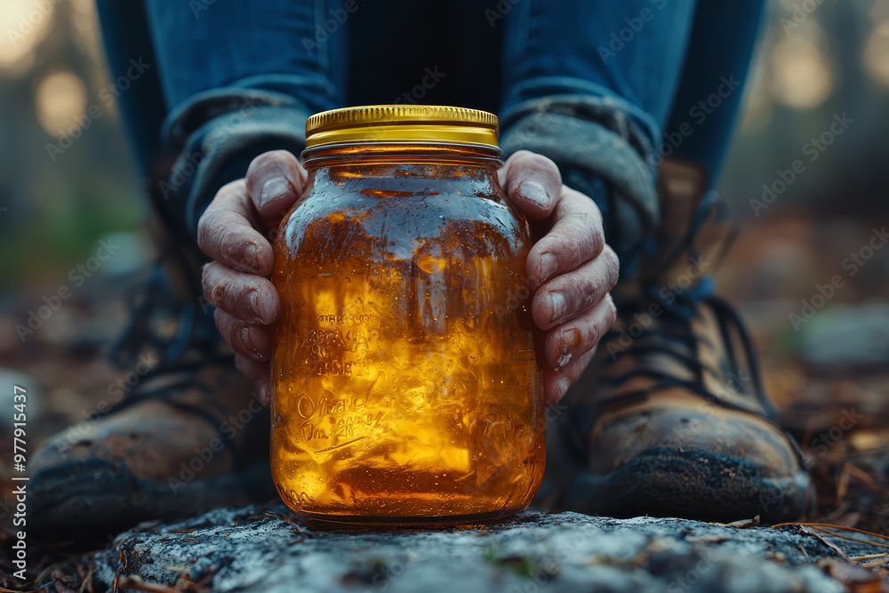 Poster a person trying to open a stubborn jar, clearly frustrated by the struggle. concept of everyday prob