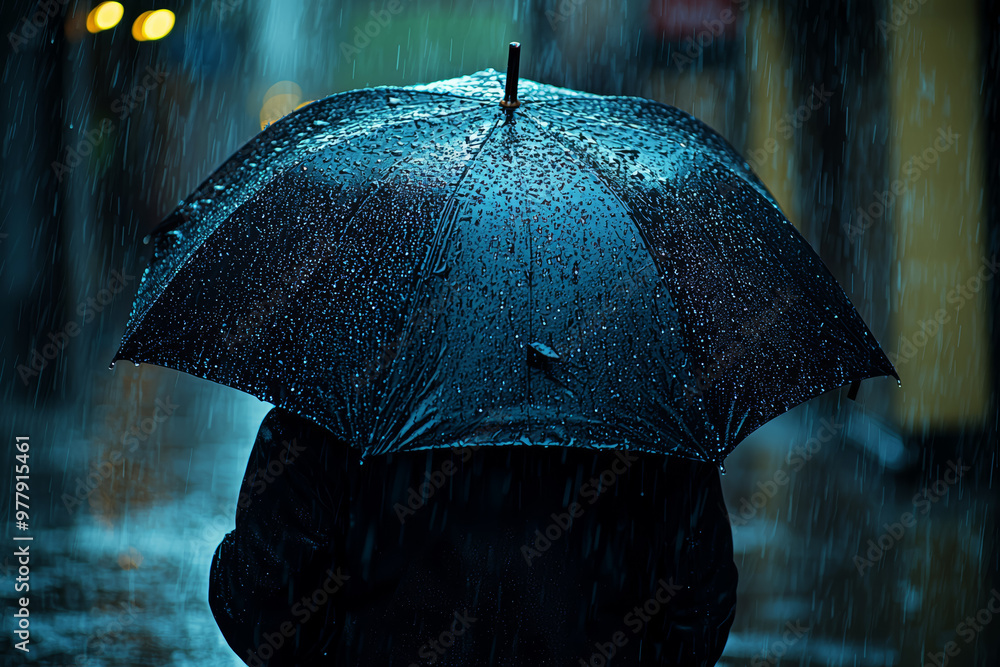 Poster a person trying to use a broken umbrella in heavy rain, clearly struggling and unhappy. concept of w