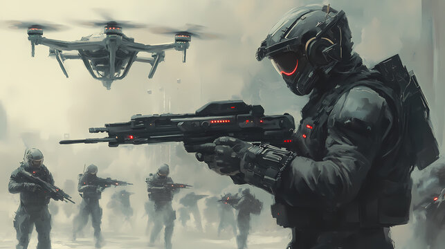 Mercenary leading a drone squadron in a corporate warfare scenario equipped with cybernetic enhancements. Cybernetic Enhancements. Illustration